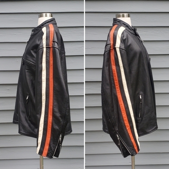 Vintage 90s y2k Black Orange White Arm Stripes Racer Racing Moto Grunge Jacket - Picture 2 of 6